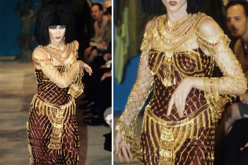 ABOVE: A safety pin dress from John Galliano's fall/winter 1997 collection, which served as the inspiration for the barely-there Maison Margiela that Miley Cyrus wore to the 2024 Grammy Awards