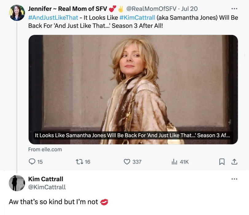 Kim Cattrall Denies She Will Star In Season 3 Of And Just Like That - Tweet